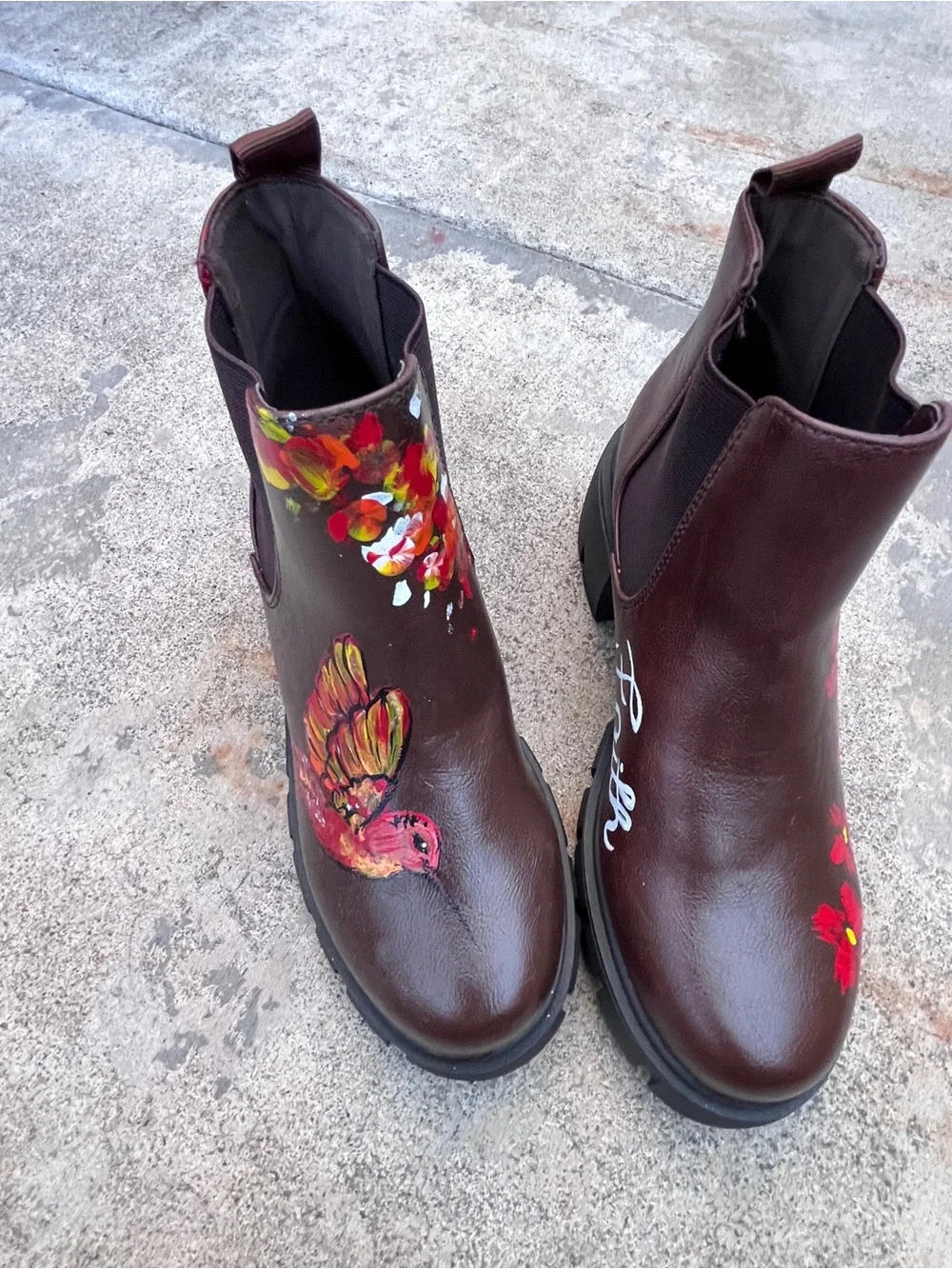 Soda Brown Ankle Boots with Hand-Painted Floral & Bird Art